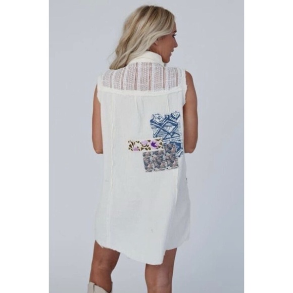 POL Cream Patchwork & Lace Gauze Button Front Vest Dress - Picture 10 of 12